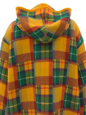 Wool check pattern duffle coat in mustard, green, and multicolor