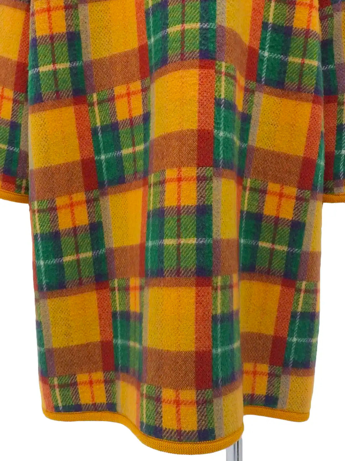 Wool check pattern duffle coat in mustard, green, and multicolor