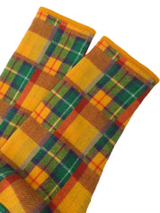 Wool check pattern duffle coat in mustard, green, and multicolor