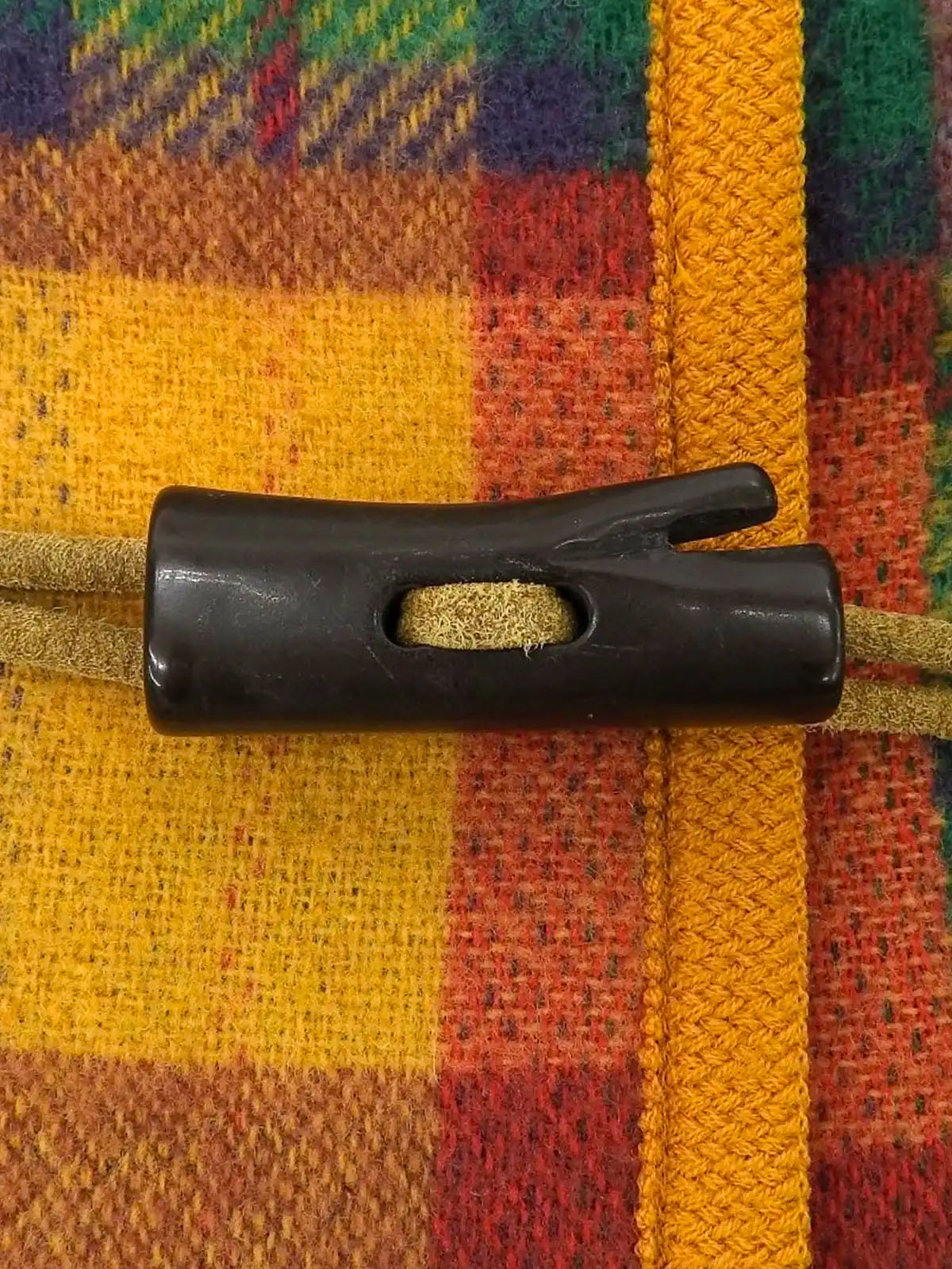 Wool check pattern duffle coat in mustard, green, and multicolor