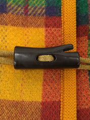 Wool check pattern duffle coat in mustard, green, and multicolor