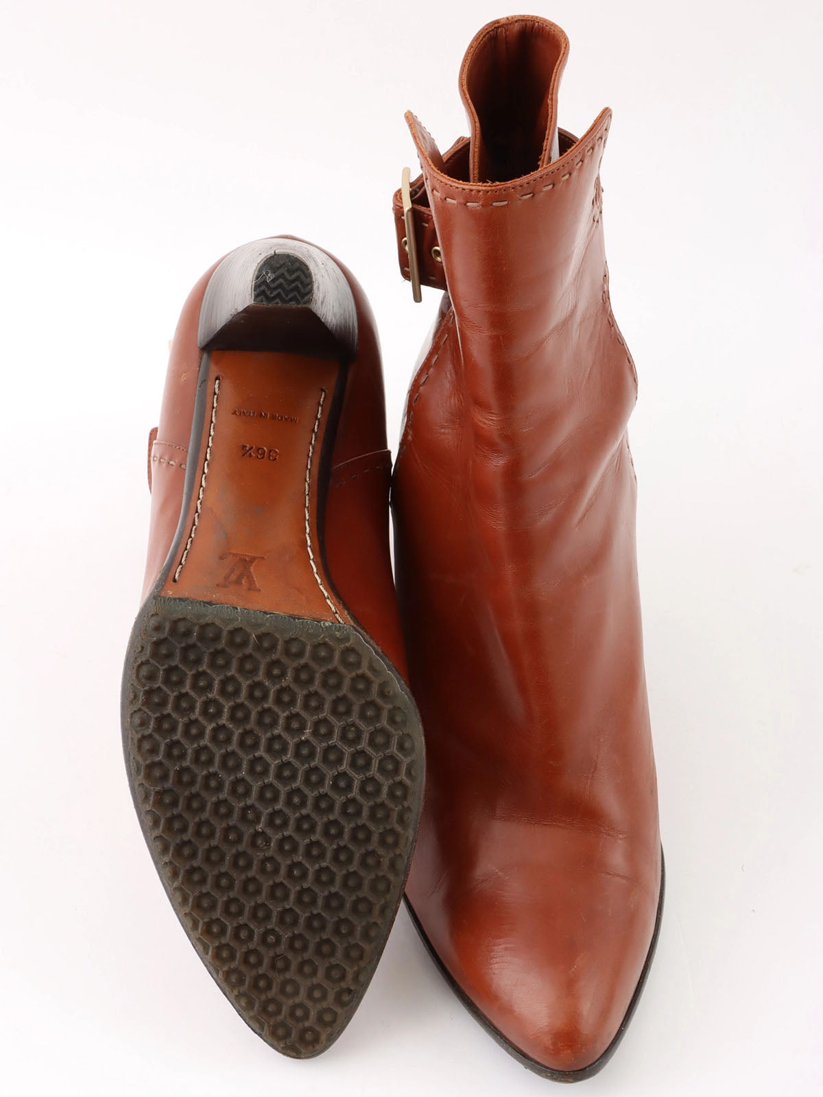 Brown leather logo buckle short boots