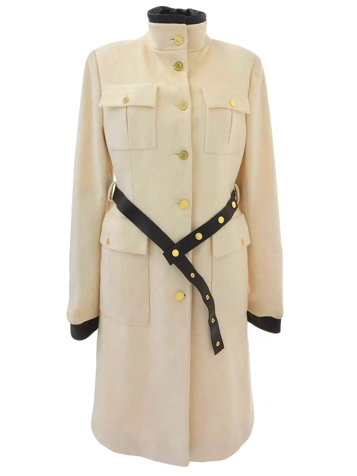 Wool and leather combination logo button long coat in ivory/black