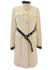 Wool and leather combination logo button long coat in ivory/black