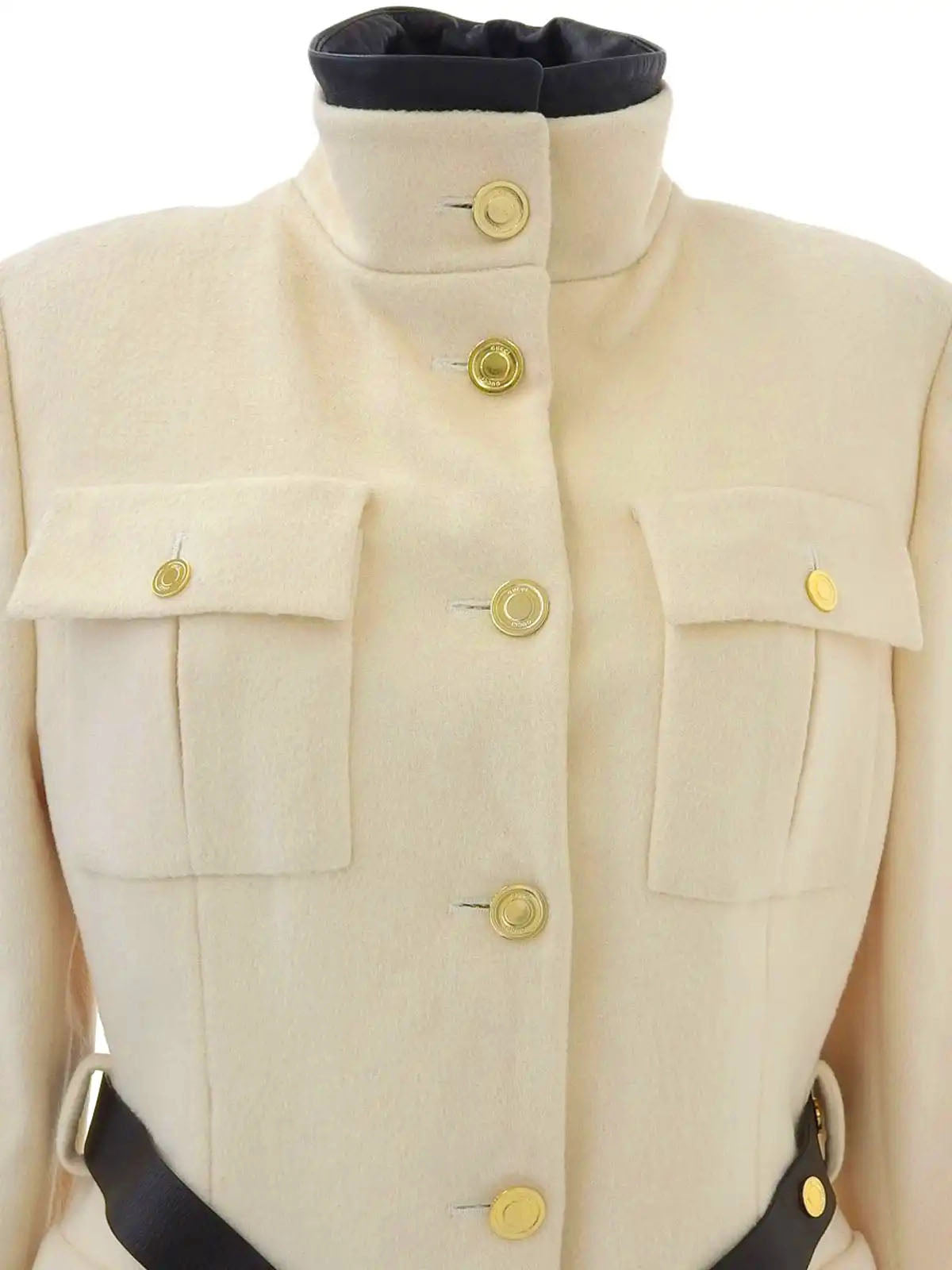 Wool and leather combination logo button long coat in ivory/black