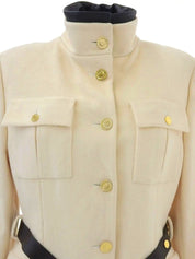 Wool and leather combination logo button long coat in ivory/black