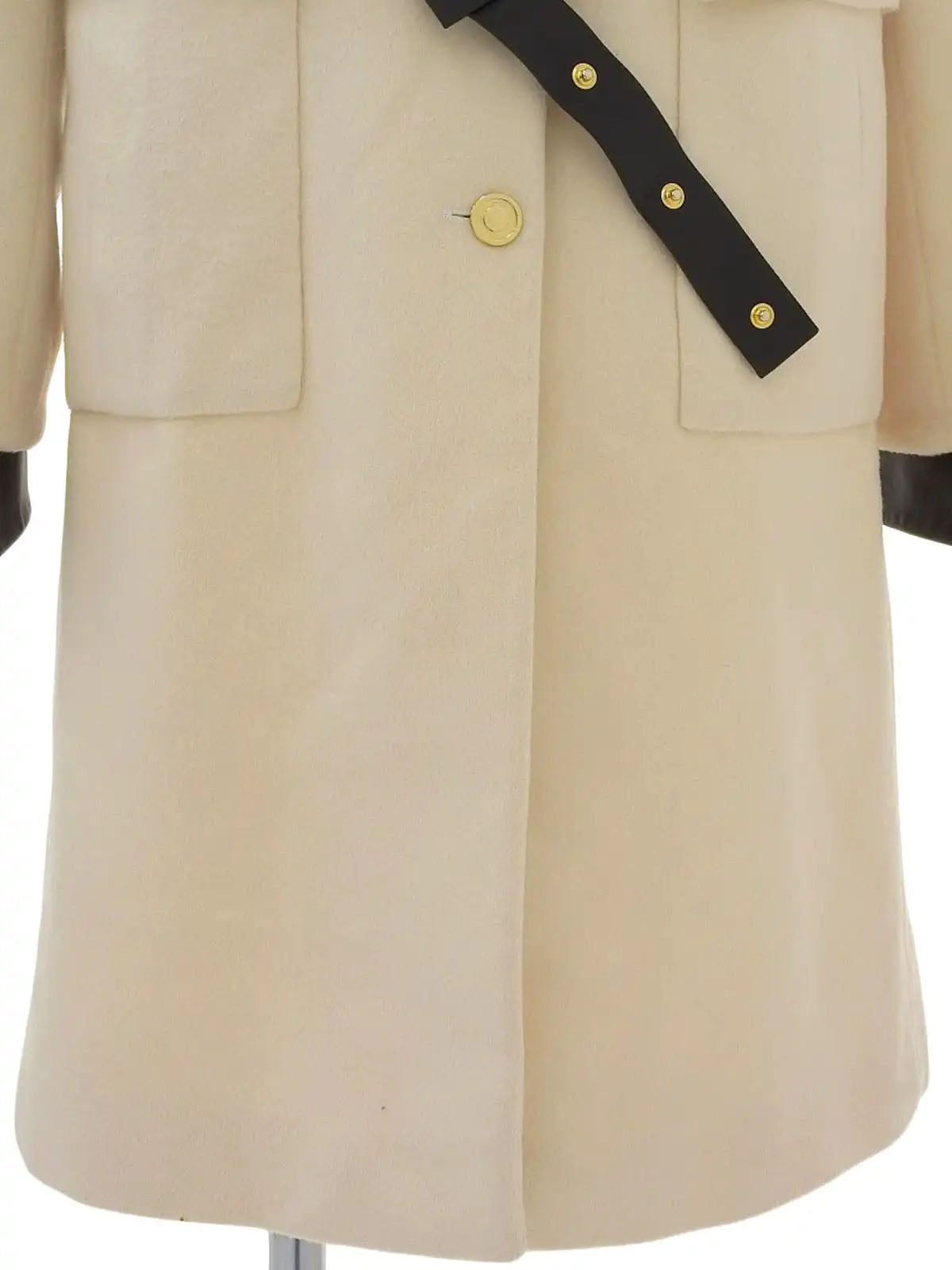 Wool and leather combination logo button long coat in ivory/black