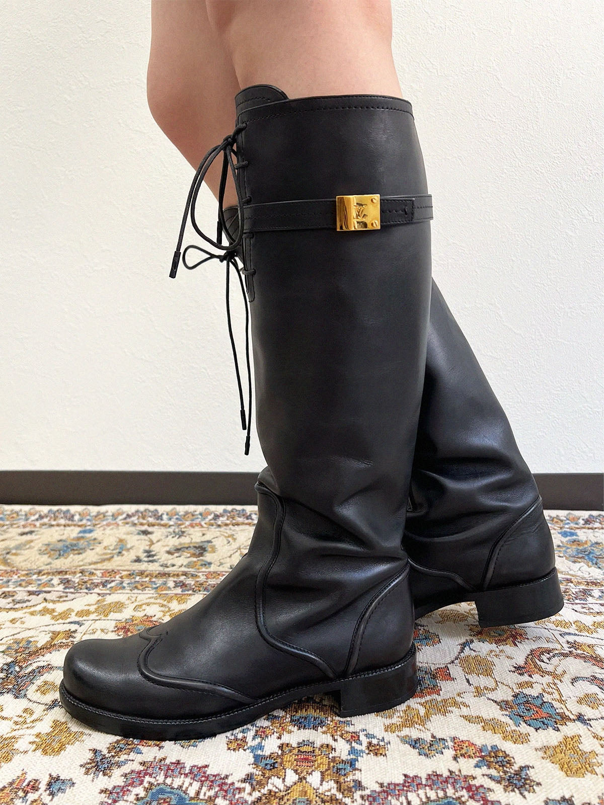 Logo Plate Lace-Up Long Boots in Black