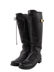 Logo Plate Lace-Up Long Boots in Black