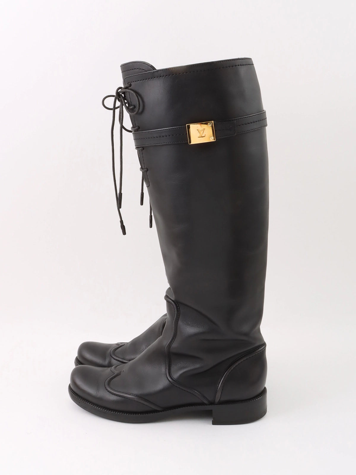 Logo Plate Lace-Up Long Boots in Black