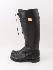 Logo Plate Lace-Up Long Boots in Black