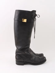 Logo Plate Lace-Up Long Boots in Black