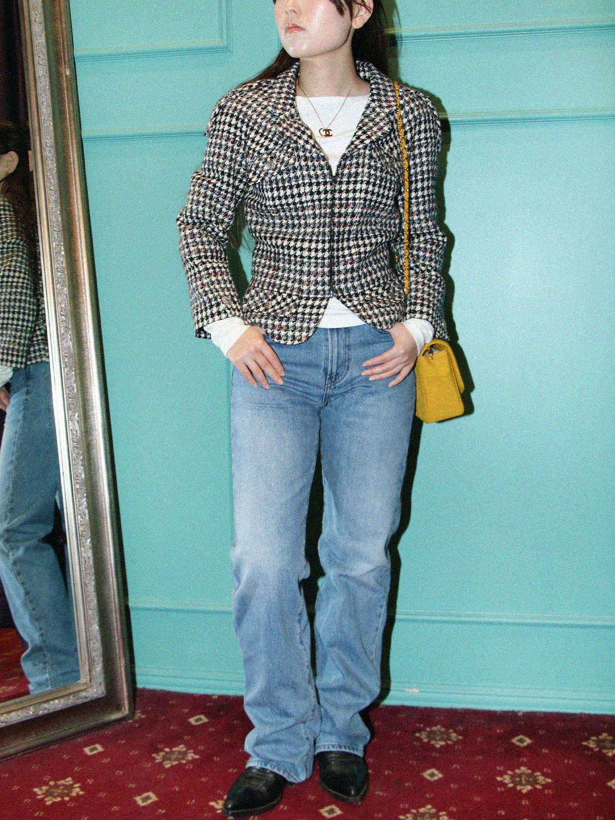 2006 tweed CC mark button zip-up jacket in white/black/multi