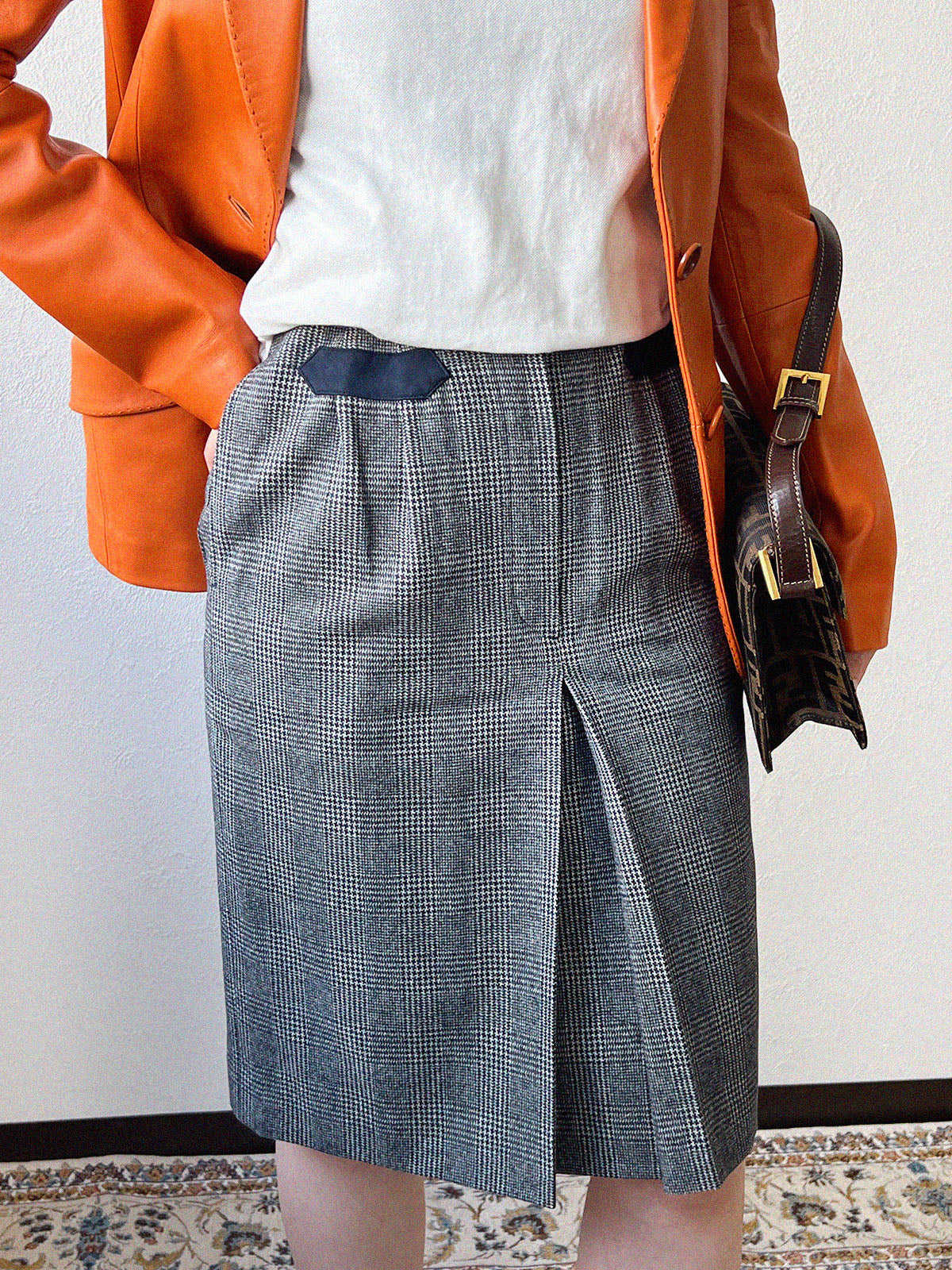 Grey wool check pattern pencil skirt