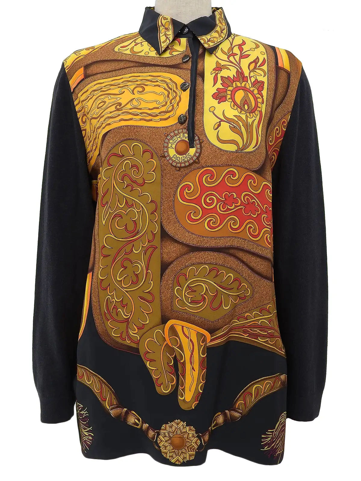 Silk knit combination design pattern long sleeve shirt in black/brown/multi