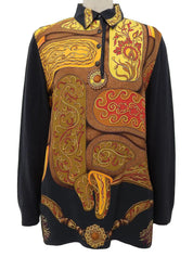 Silk knit combination design pattern long sleeve shirt in black/brown/multi