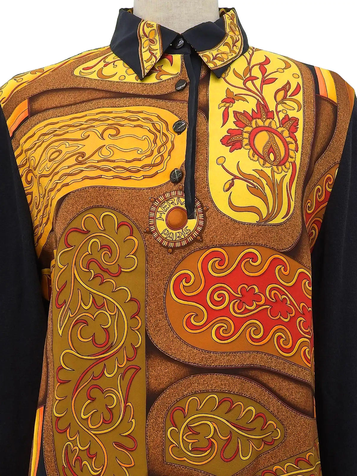 Silk knit combination design pattern long sleeve shirt in black/brown/multi
