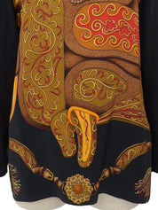 Silk knit combination design pattern long sleeve shirt in black/brown/multi