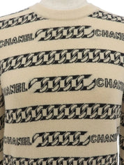 2001 羊绒徽标链边图案针织上衣（米色）