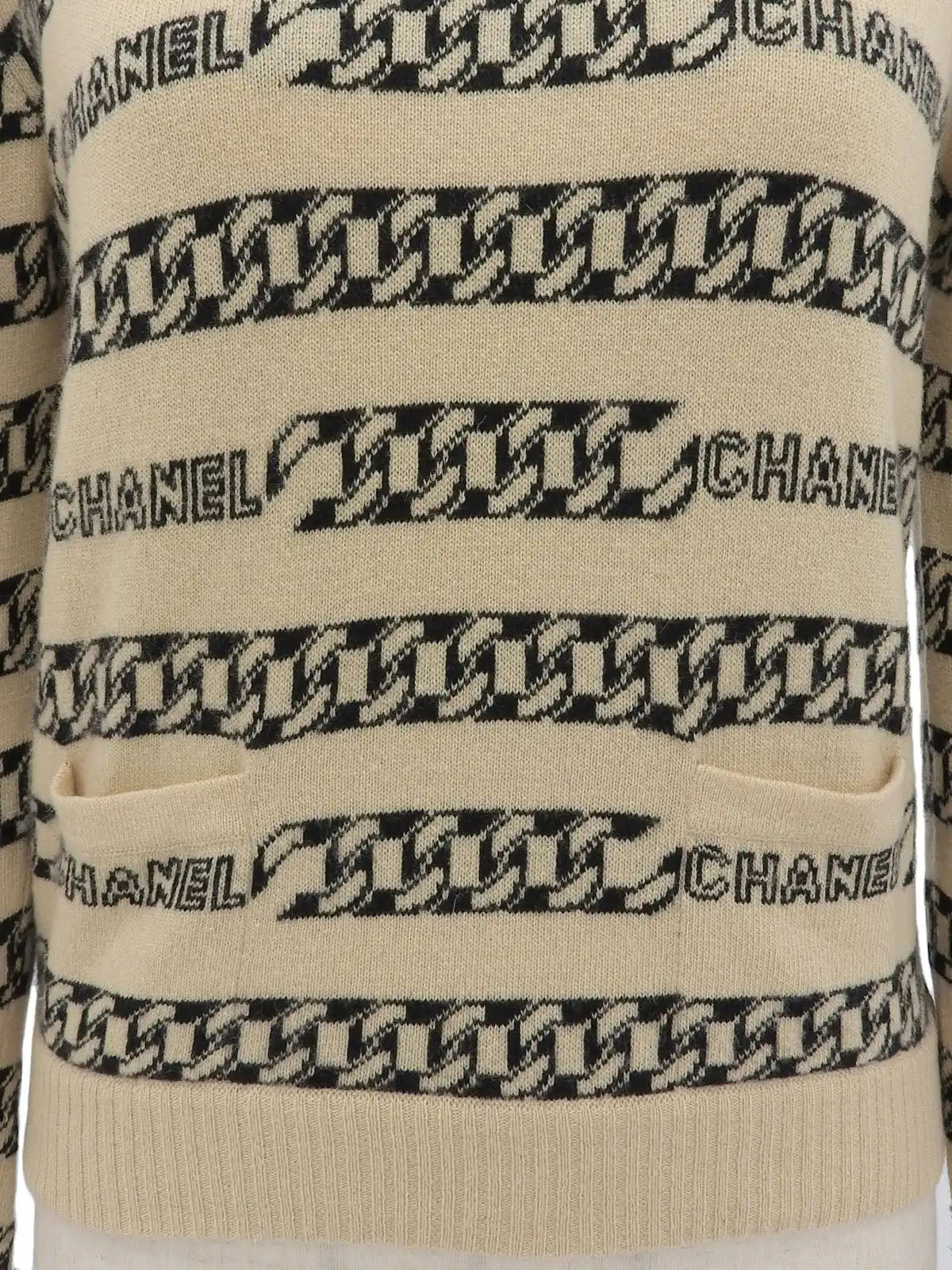 2001 羊绒徽标链边图案针织上衣（米色）