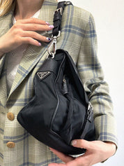 Nylon logo plate one-shoulder bag in black