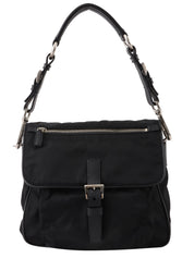 Nylon logo plate one-shoulder bag in black