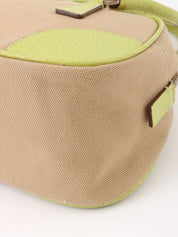 Canvas and leather combination handbag in beige and green