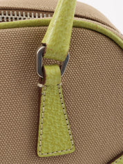 Canvas and leather combination handbag in beige and green