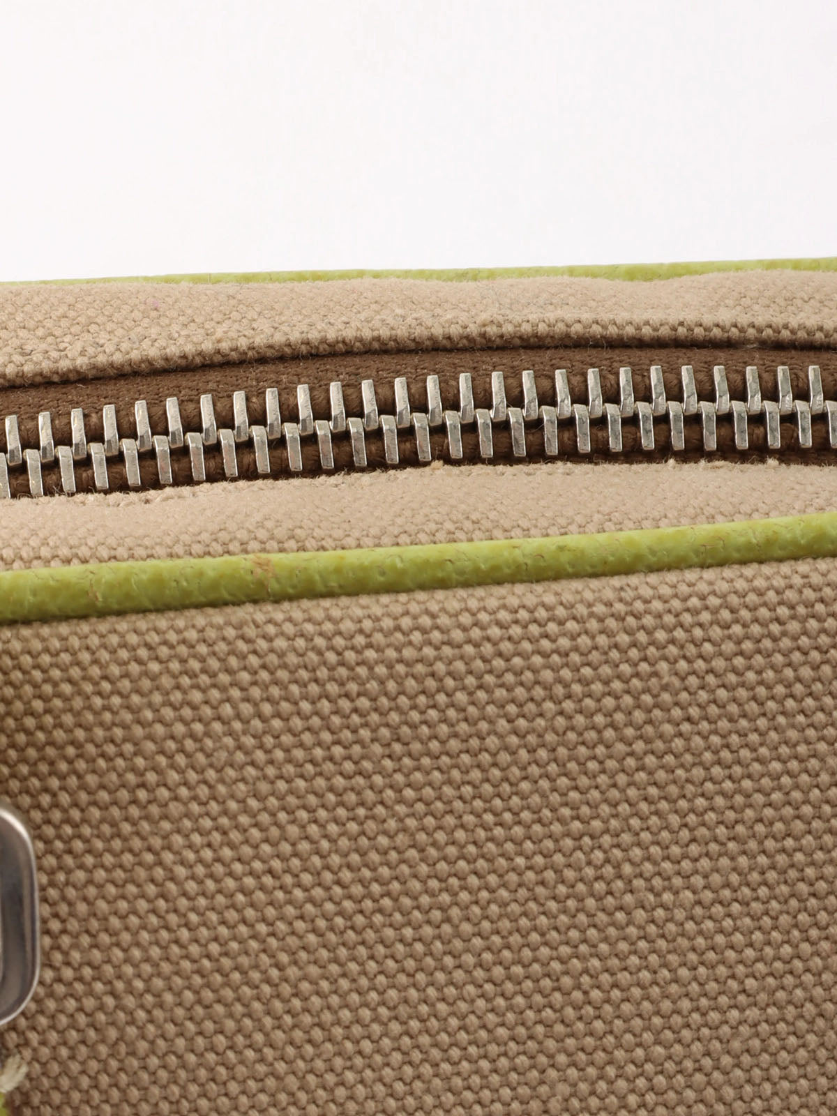 Canvas and leather combination handbag in beige and green