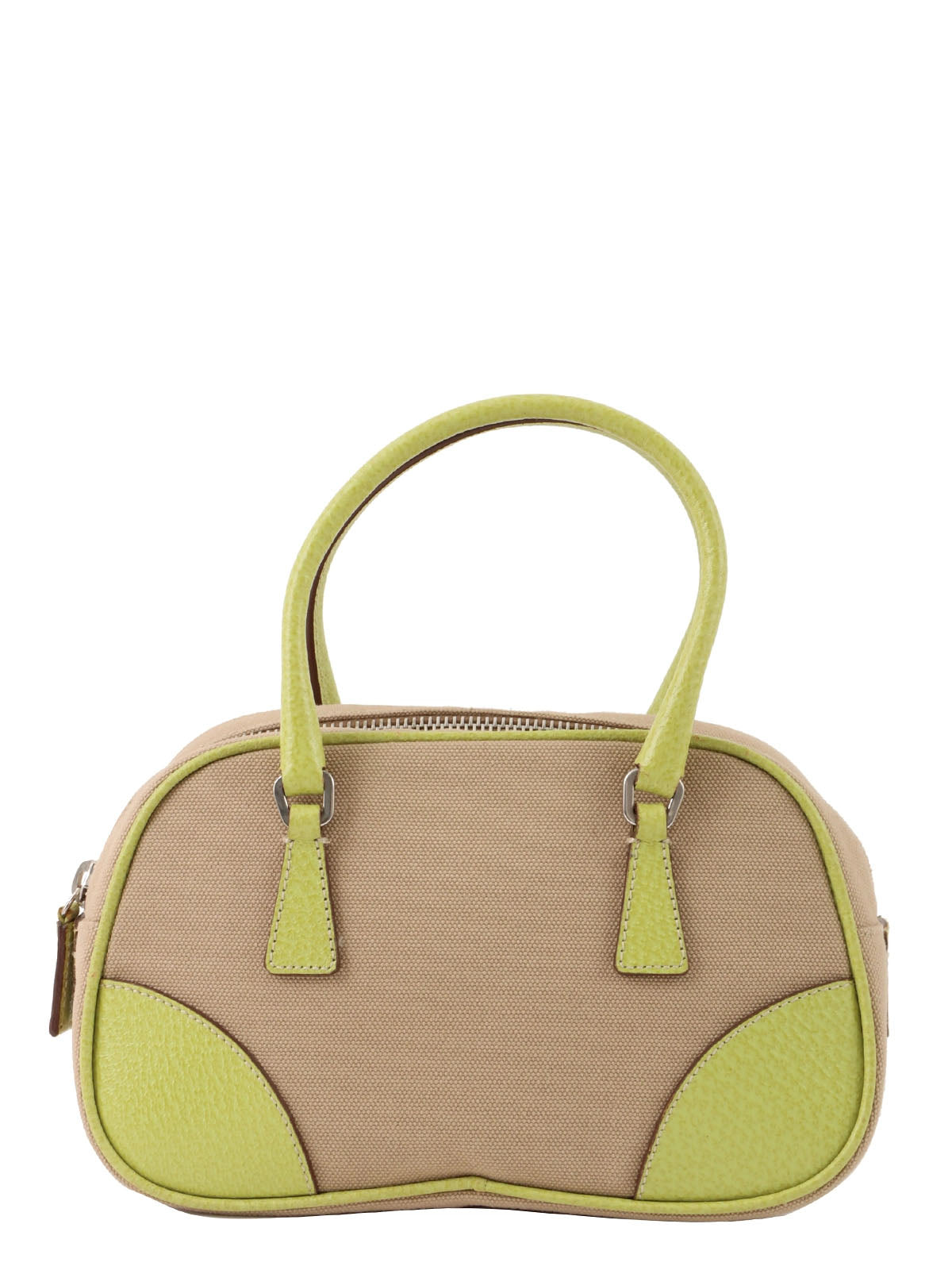 Canvas and leather combination handbag in beige and green