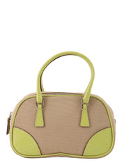 Canvas and leather combination handbag in beige and green