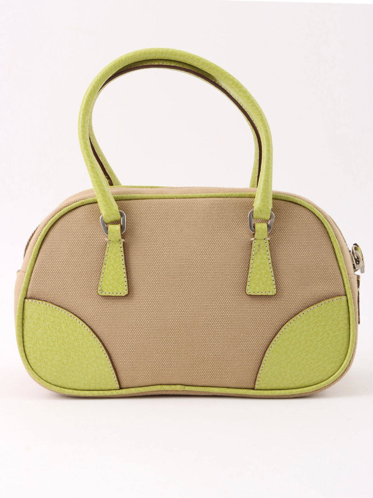 Canvas and leather combination handbag in beige and green