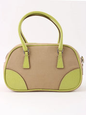 Canvas and leather combination handbag in beige and green
