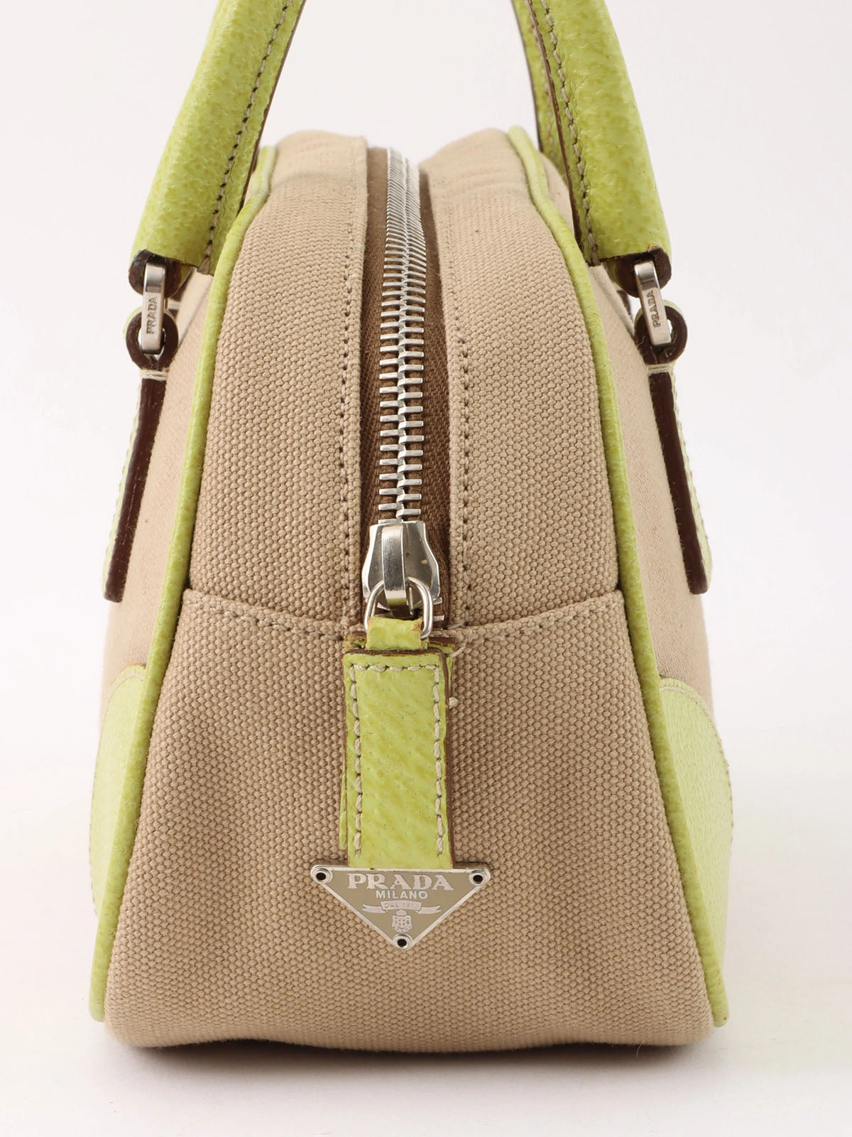 Canvas and leather combination handbag in beige and green