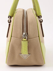 Canvas and leather combination handbag in beige and green