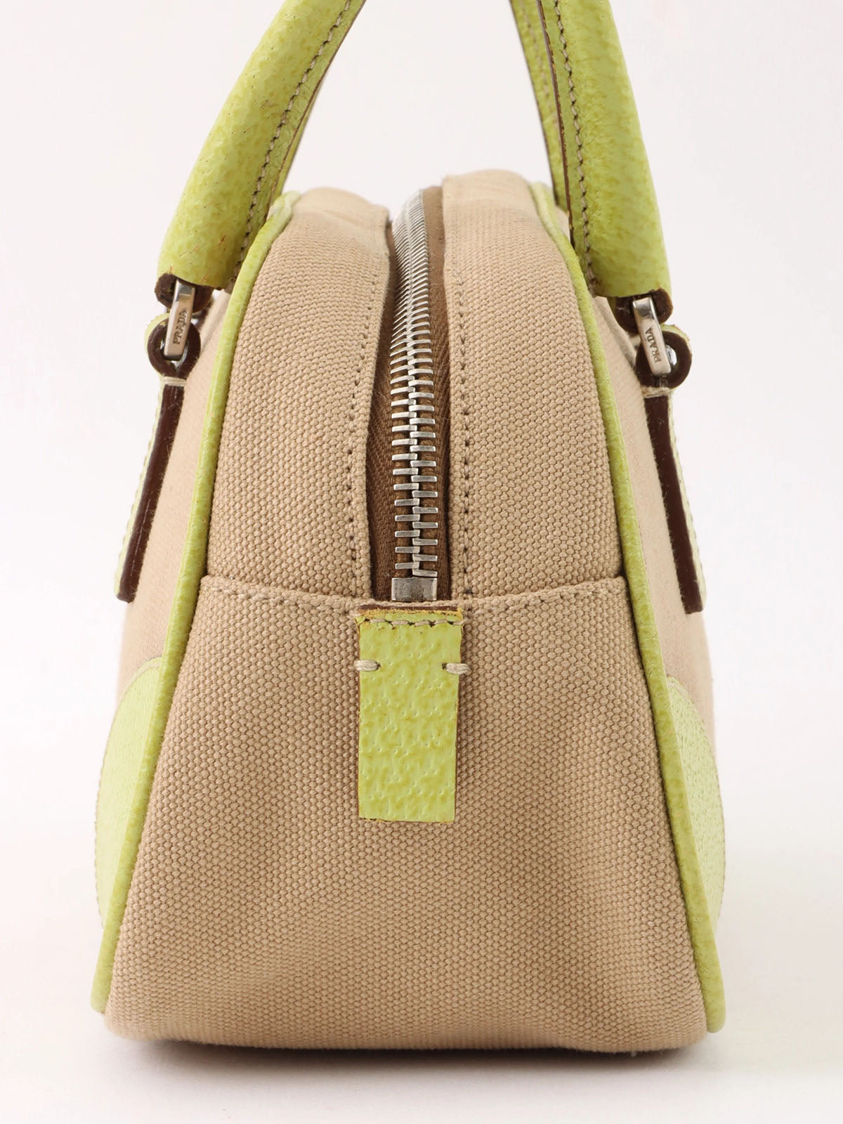 Canvas and leather combination handbag in beige and green