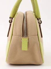 Canvas and leather combination handbag in beige and green