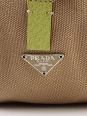 Canvas and leather combination handbag in beige and green