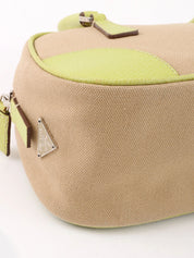 Canvas and leather combination handbag in beige and green