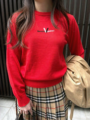 Logo Embroidered Long Sleeve Knit Top in Red