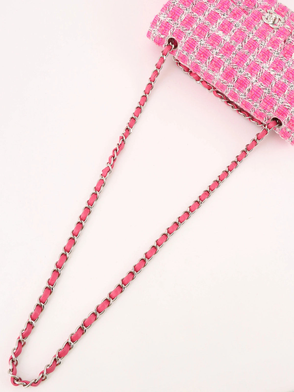 2014年頃製　ツイードクラシックフラップチェーンバッグ25cm　ピンク／ホワイト