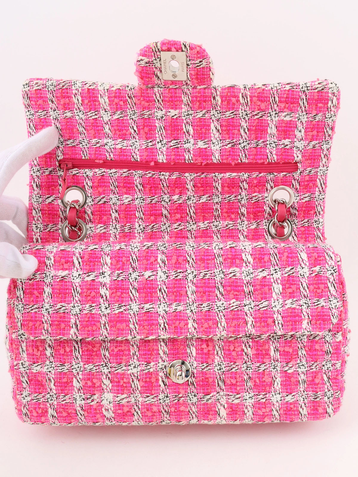 2014年頃製　ツイードクラシックフラップチェーンバッグ25cm　ピンク／ホワイト