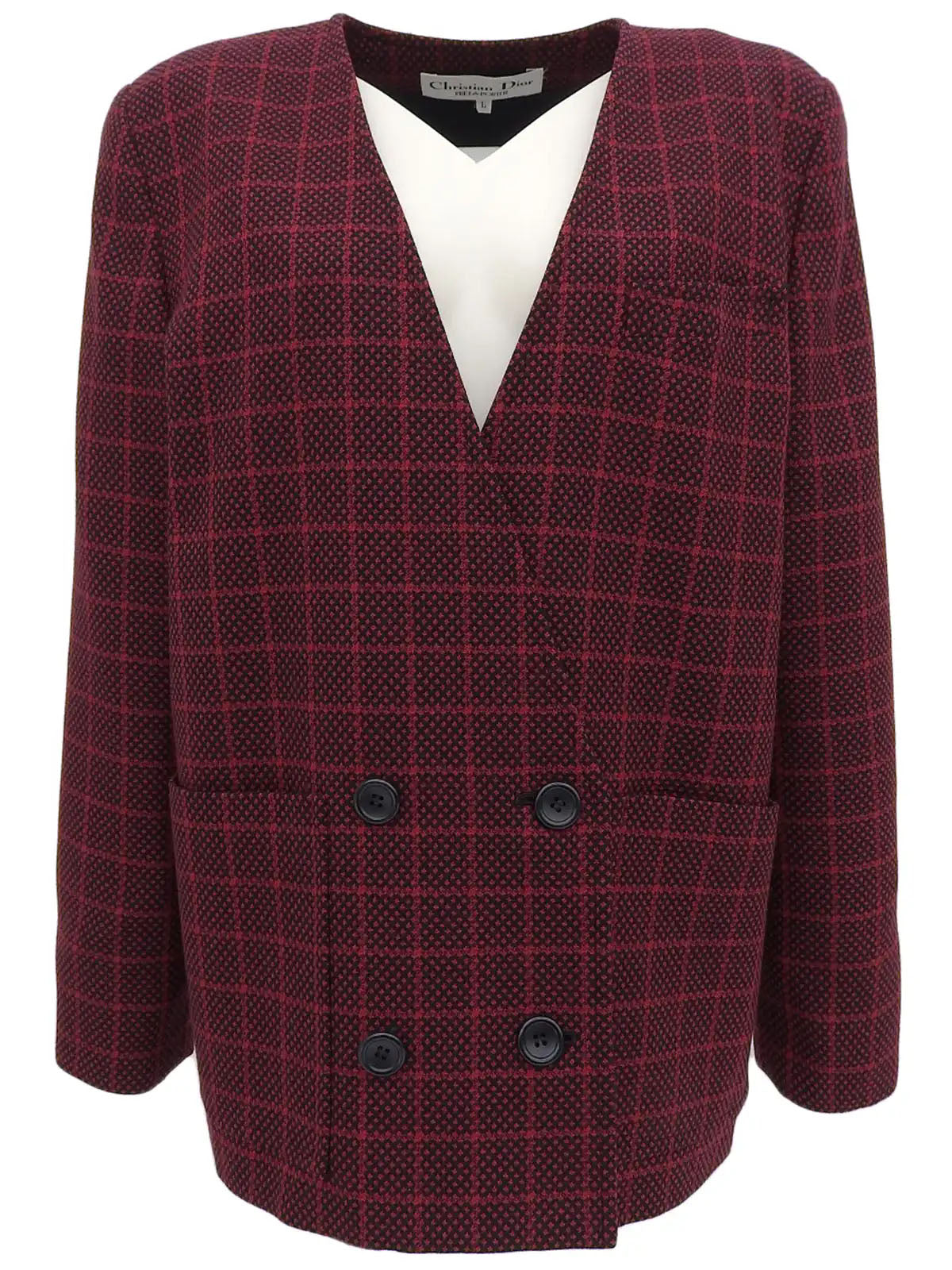 チェックパターンノーカラージャケット　レッド／ブラック