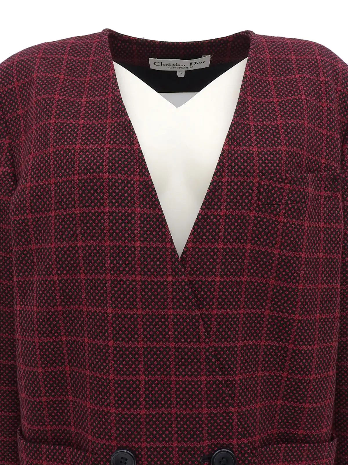 チェックパターンノーカラージャケット　レッド／ブラック