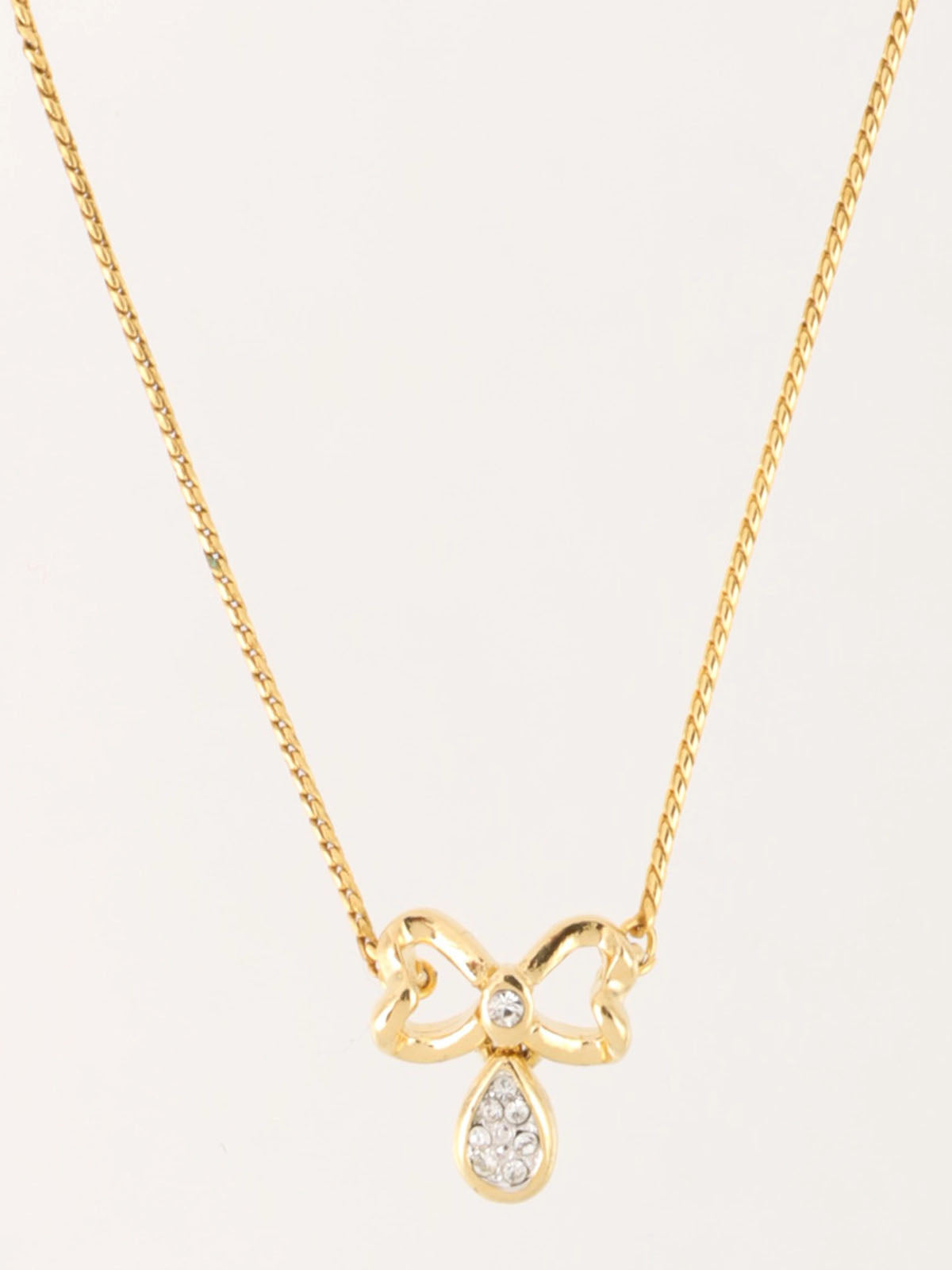 Rhinestone Ribbon Teardrop Necklace Gold