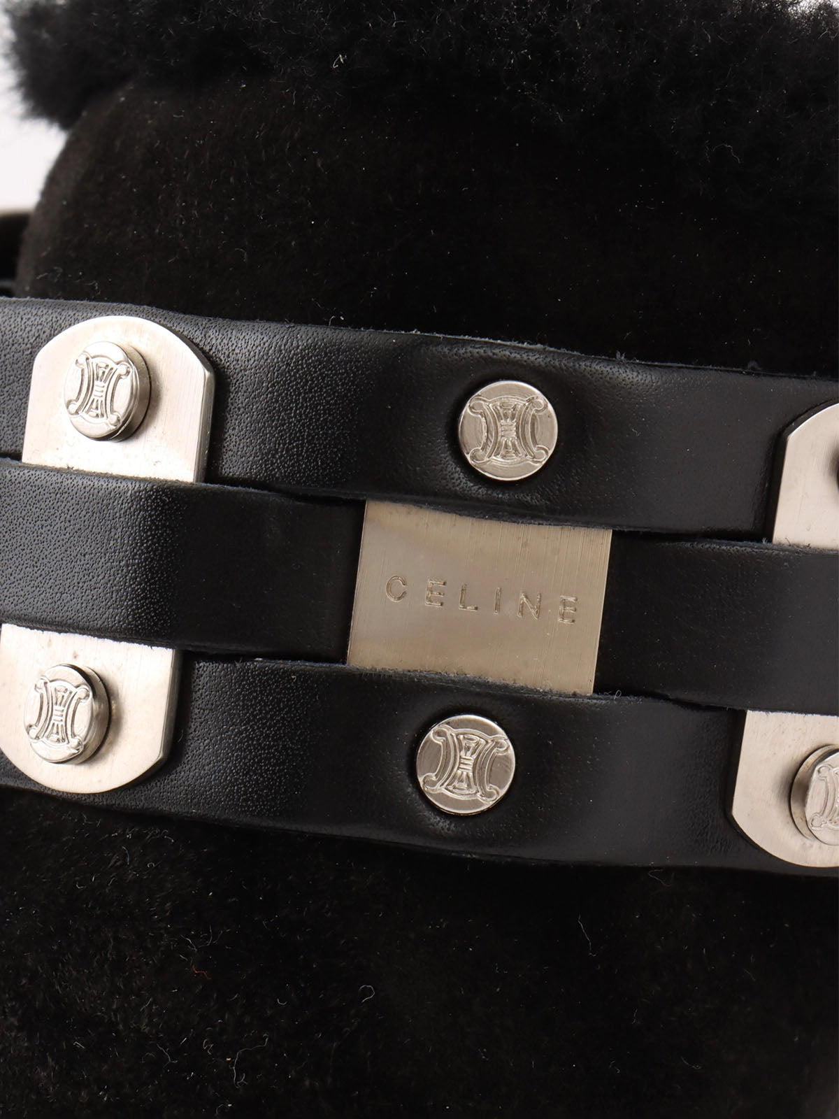 ムートンレザーコンビマカダムスタッズサボサンダル ブラック