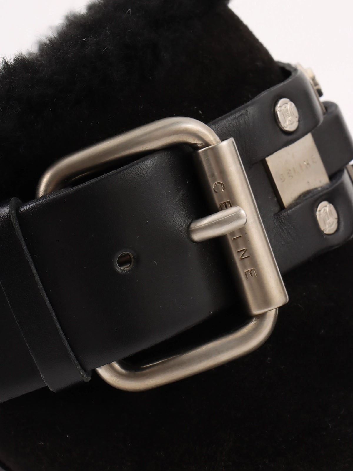 ムートンレザーコンビマカダムスタッズサボサンダル ブラック