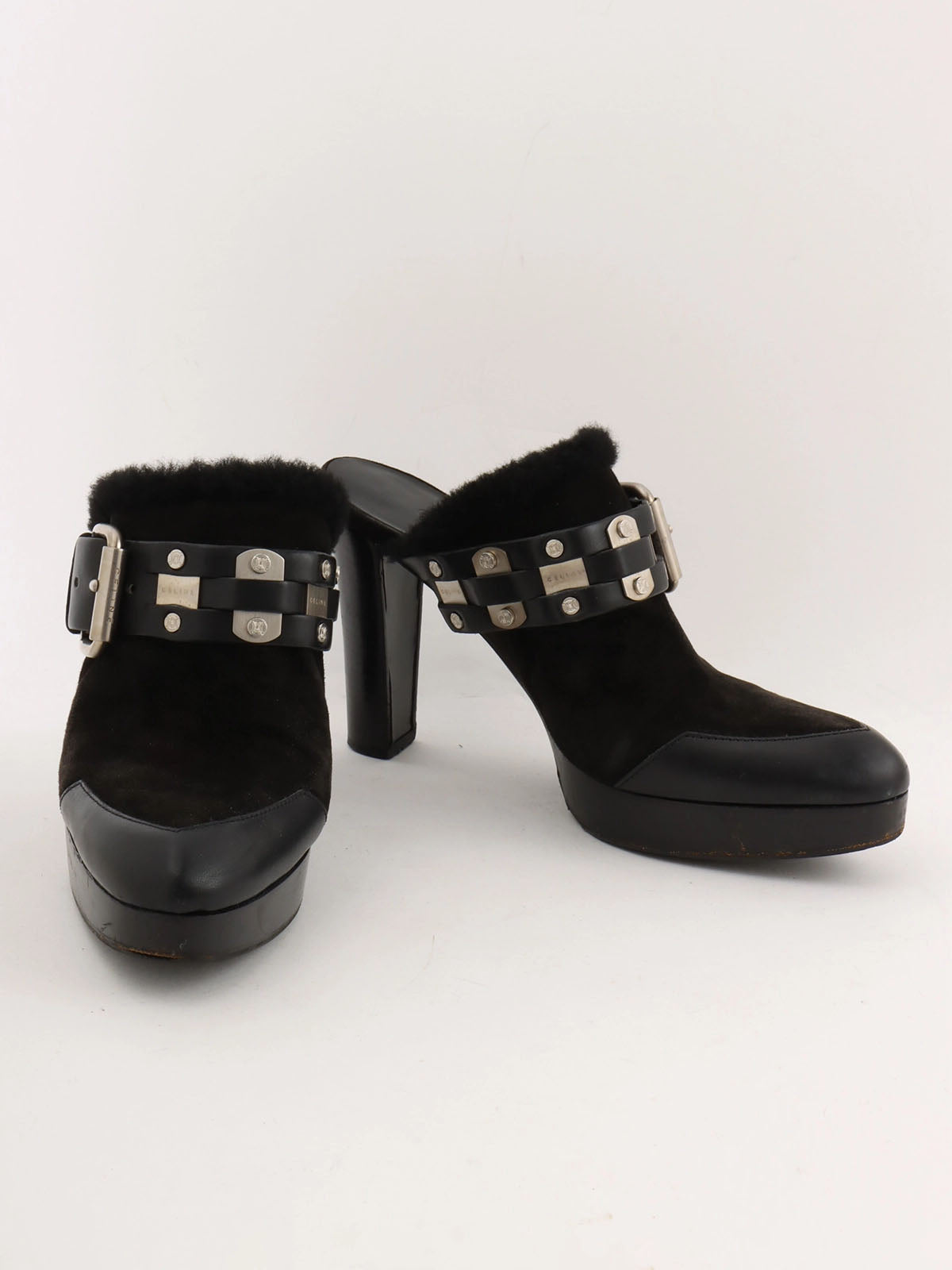 Black Mouton Leather Combination Macadam Stud Clog Sandals