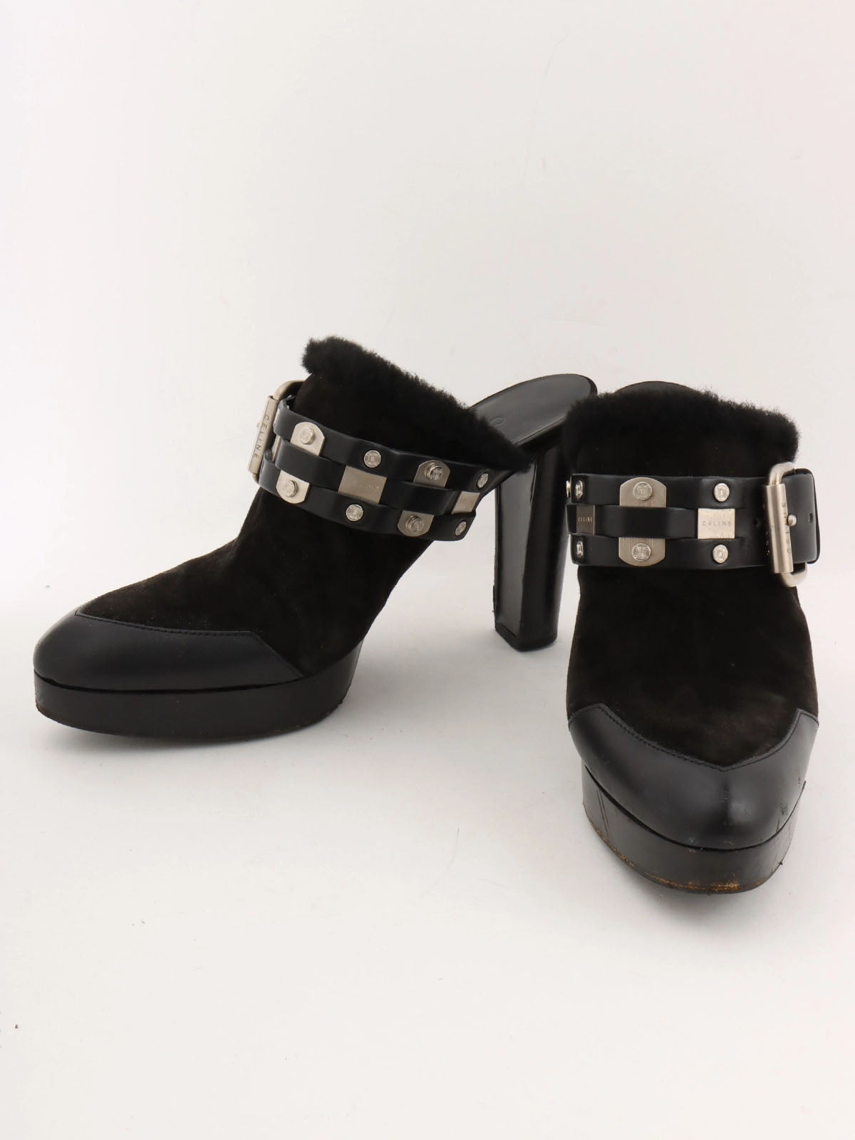 Black Mouton Leather Combination Macadam Stud Clog Sandals