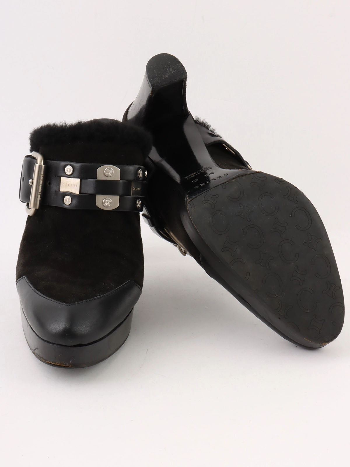 ムートンレザーコンビマカダムスタッズサボサンダル ブラック